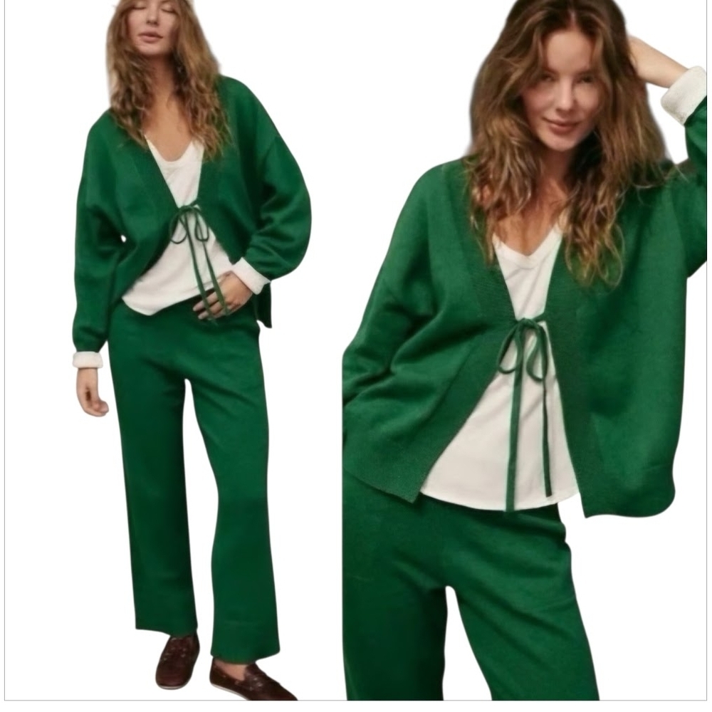 NWT Free People Solar Green Relaxed Sweater Set Cardigan Pants sz XS